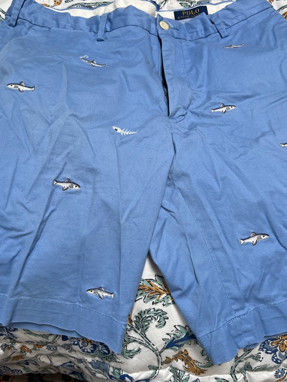 Ralph Lauren Light Blue Embroidered Shark Flat Front Shorts